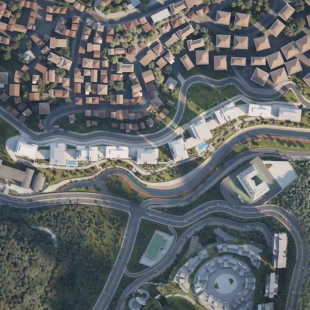 Aerial rendering looking straight down on the long row of blocks between a hillside neighborhood and a winding valley road