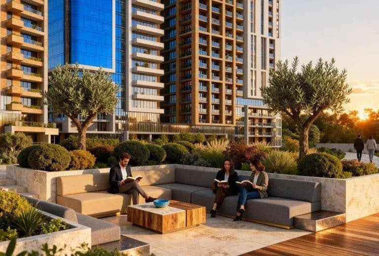 Rendering of a landscaped terrace with built-in sofas and olive trees at sunset, with the towers behind