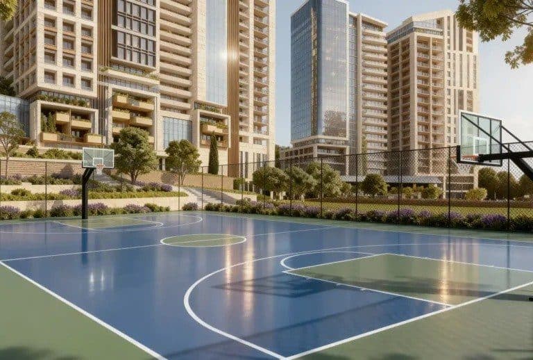 Rendering of an outdoor basketball court with flower beds, the residential towers rising behind