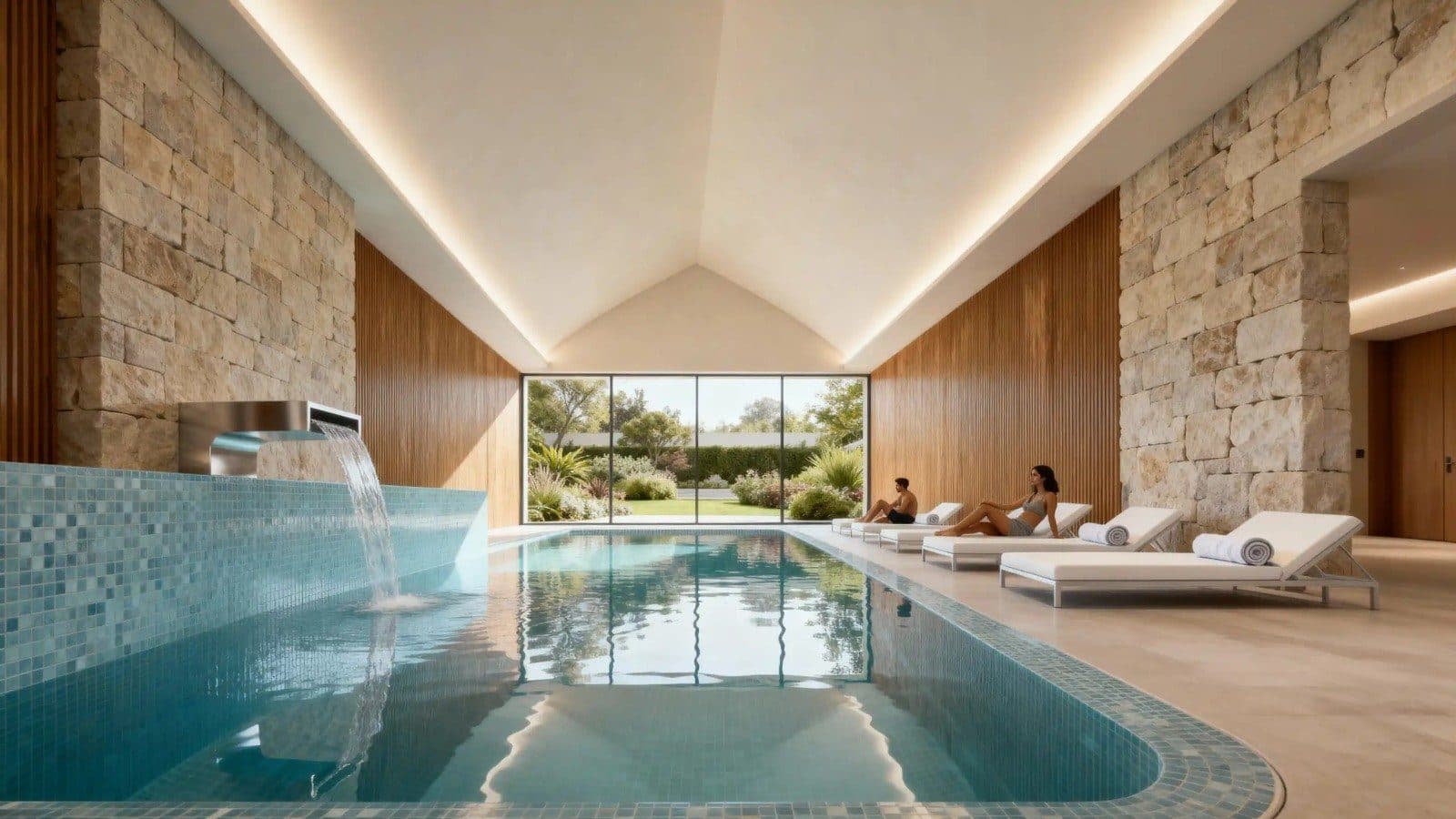 Rendering of an indoor swimming pool with stone walls, a waterfall spout and sun loungers beside a garden window