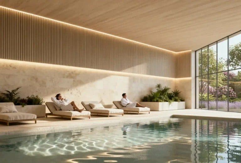 Rendering of a spa pool with loungers along a wood-paneled wall and a tall window onto a garden