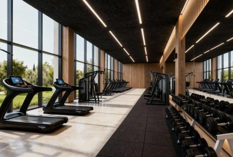 Rendering of a fitness center with treadmills along a glass wall and racks of dumbbells
