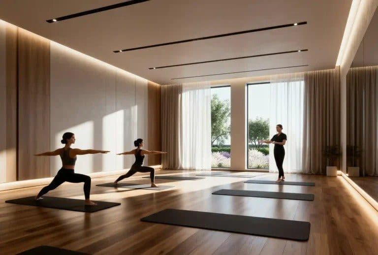 Rendering of a yoga studio with wooden floors, mats and tall windows onto a garden