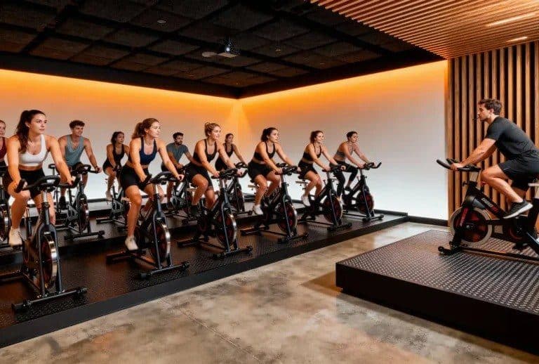 Rendering of an indoor cycling studio with an instructor leading a class