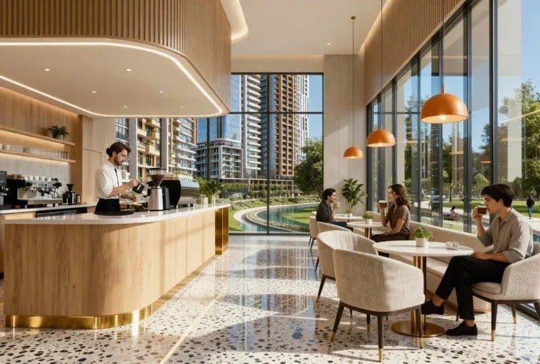 Rendering of a cafe with a curved wooden counter and armchairs beside floor-to-ceiling windows facing the towers