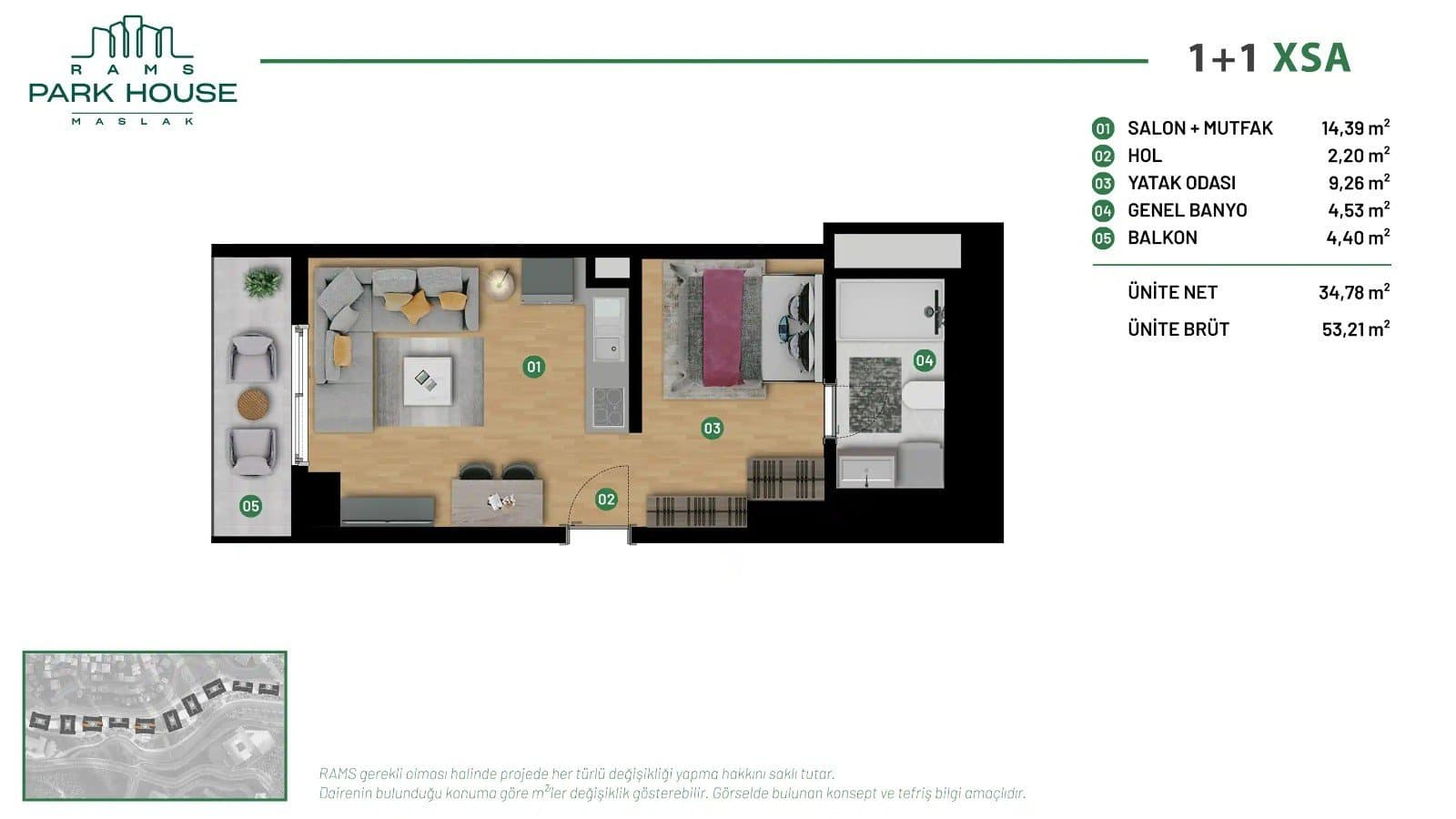 RAMS Park House Maslak Project – 1+1 Type XSA (compact) floor plan