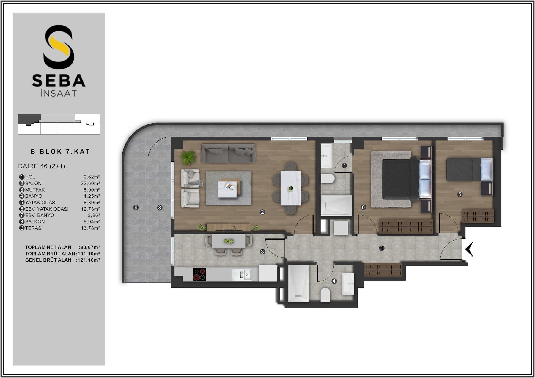 Проект Seba Casa – планировка 2+1 Type E
