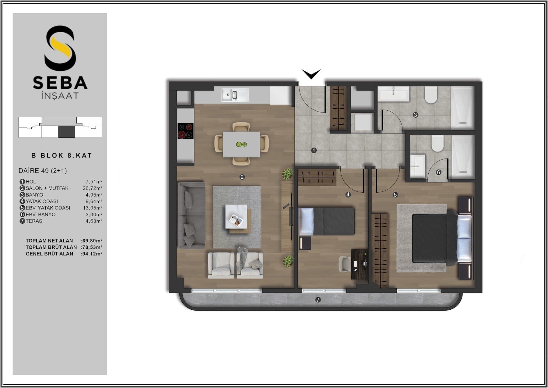 Проект Seba Casa – планировка 2+1 Type F