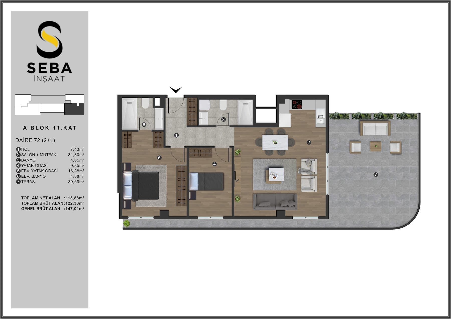Проект Seba Casa – планировка 2+1 Top Floor Type A