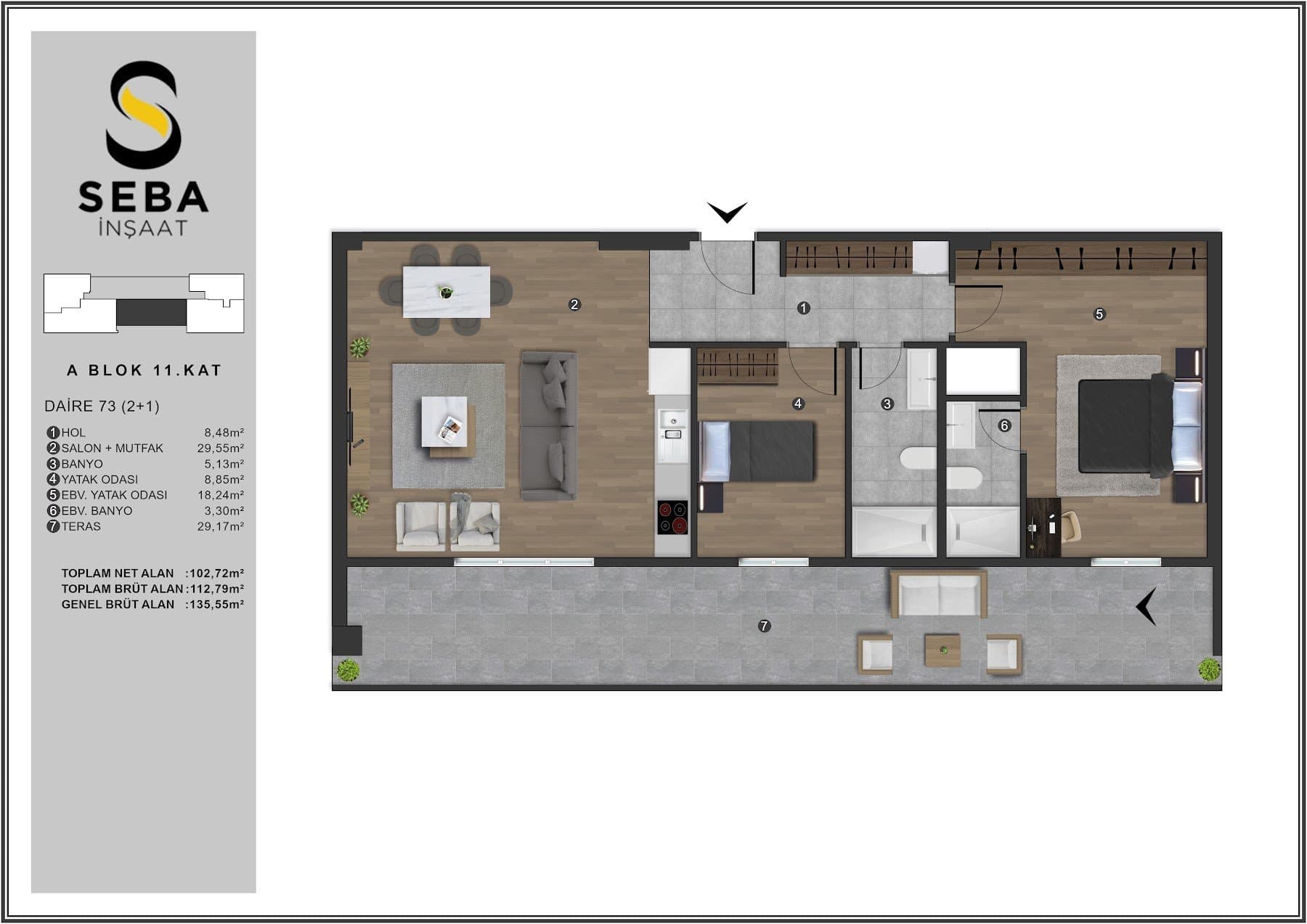 Проект Seba Casa – планировка 2+1 Top Floor Type B