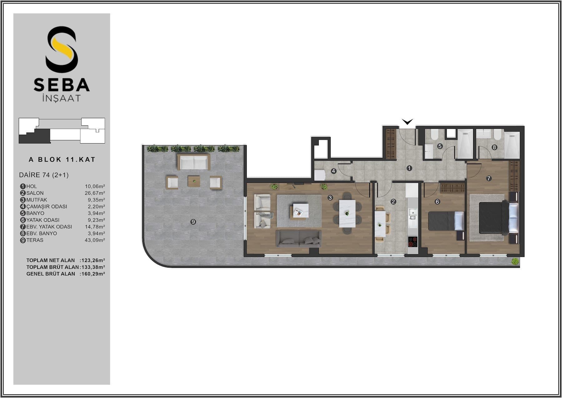 Проект Seba Casa – планировка 2+1 Top Floor Type C