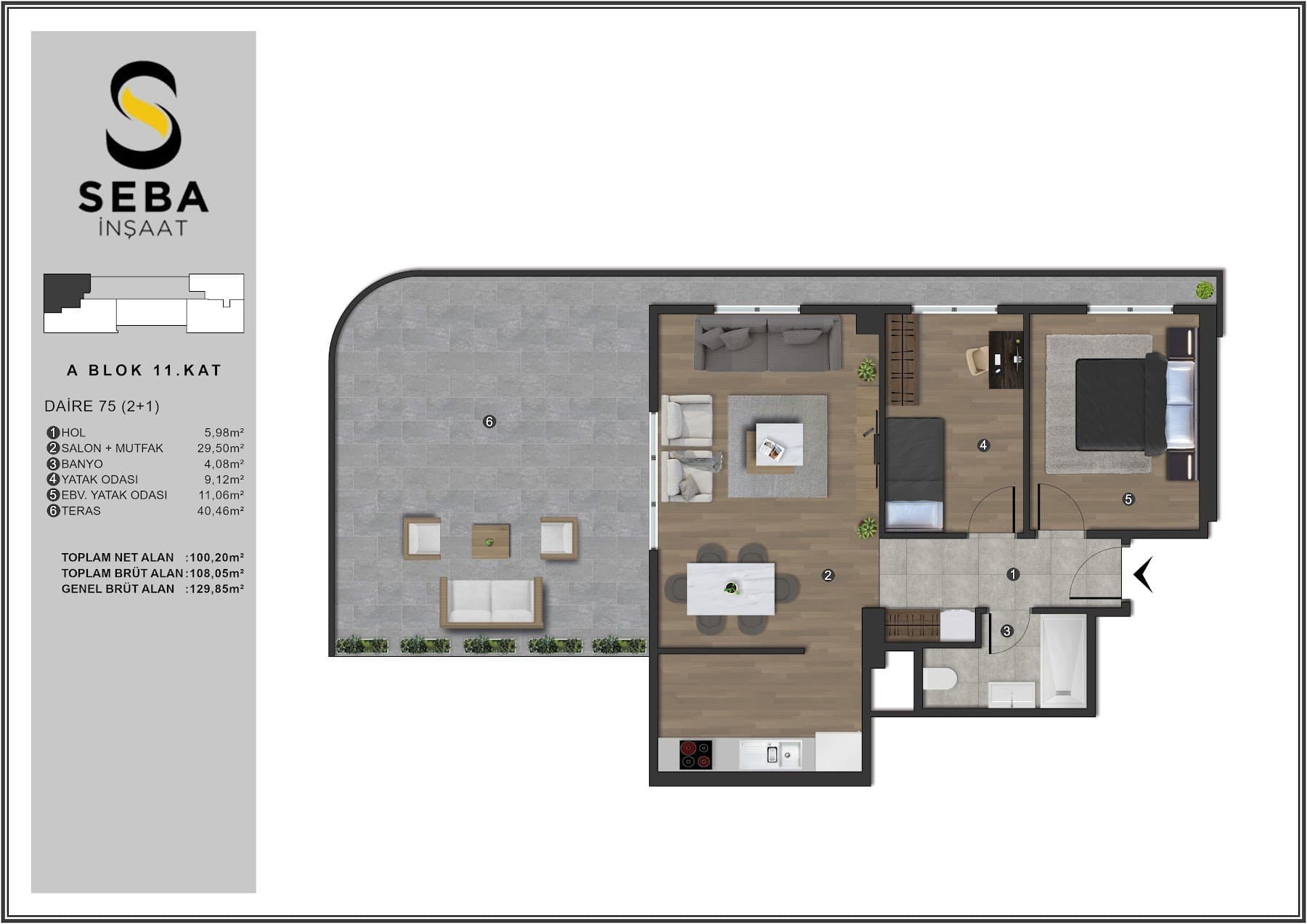 Проект Seba Casa – планировка 2+1 Top Floor Type D