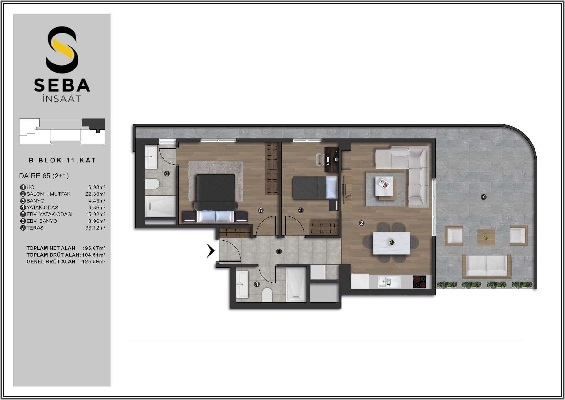 Проект Seba Casa – планировка 2+1 Top Floor Type E