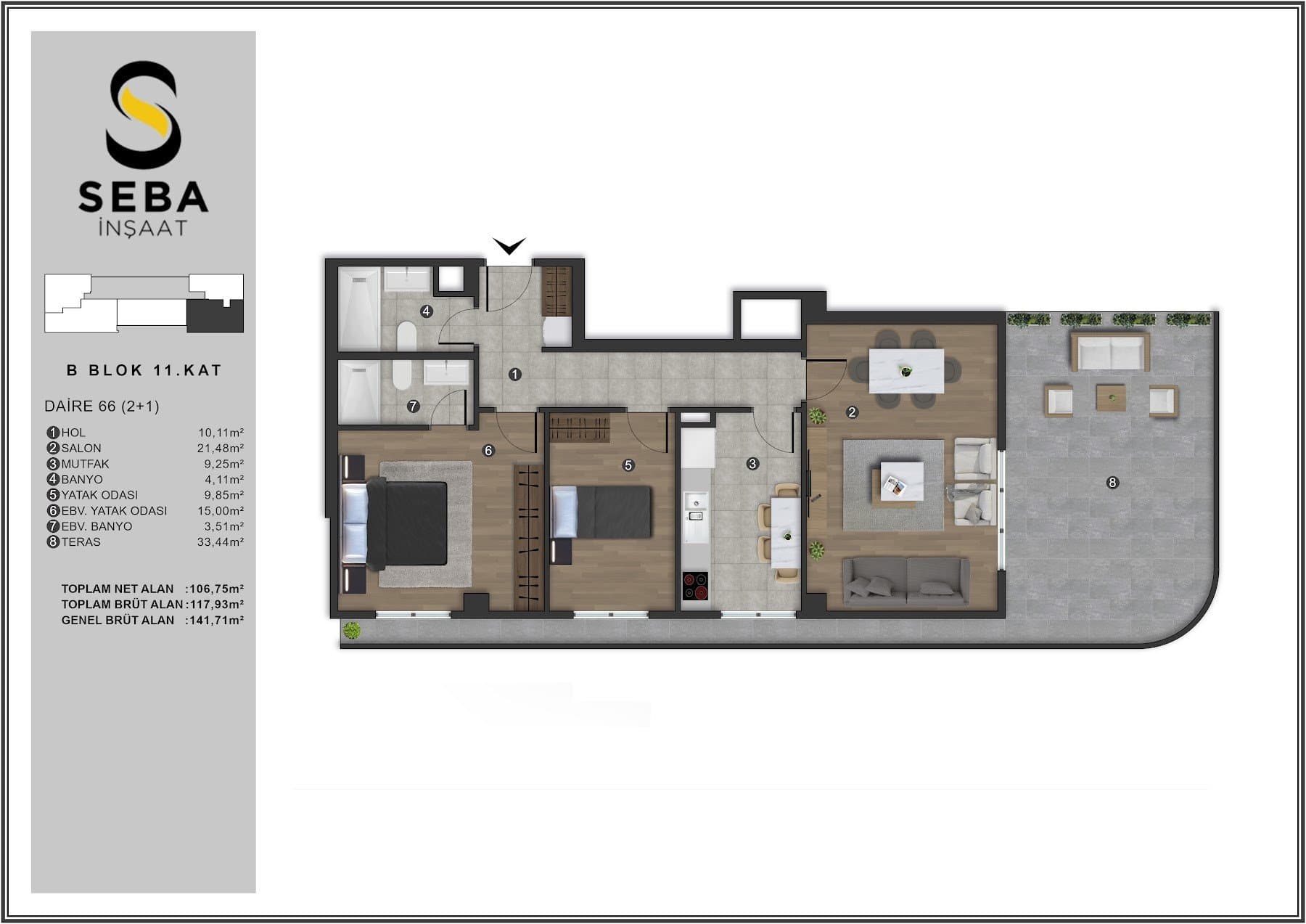 Проект Seba Casa – планировка 2+1 Top Floor Type F