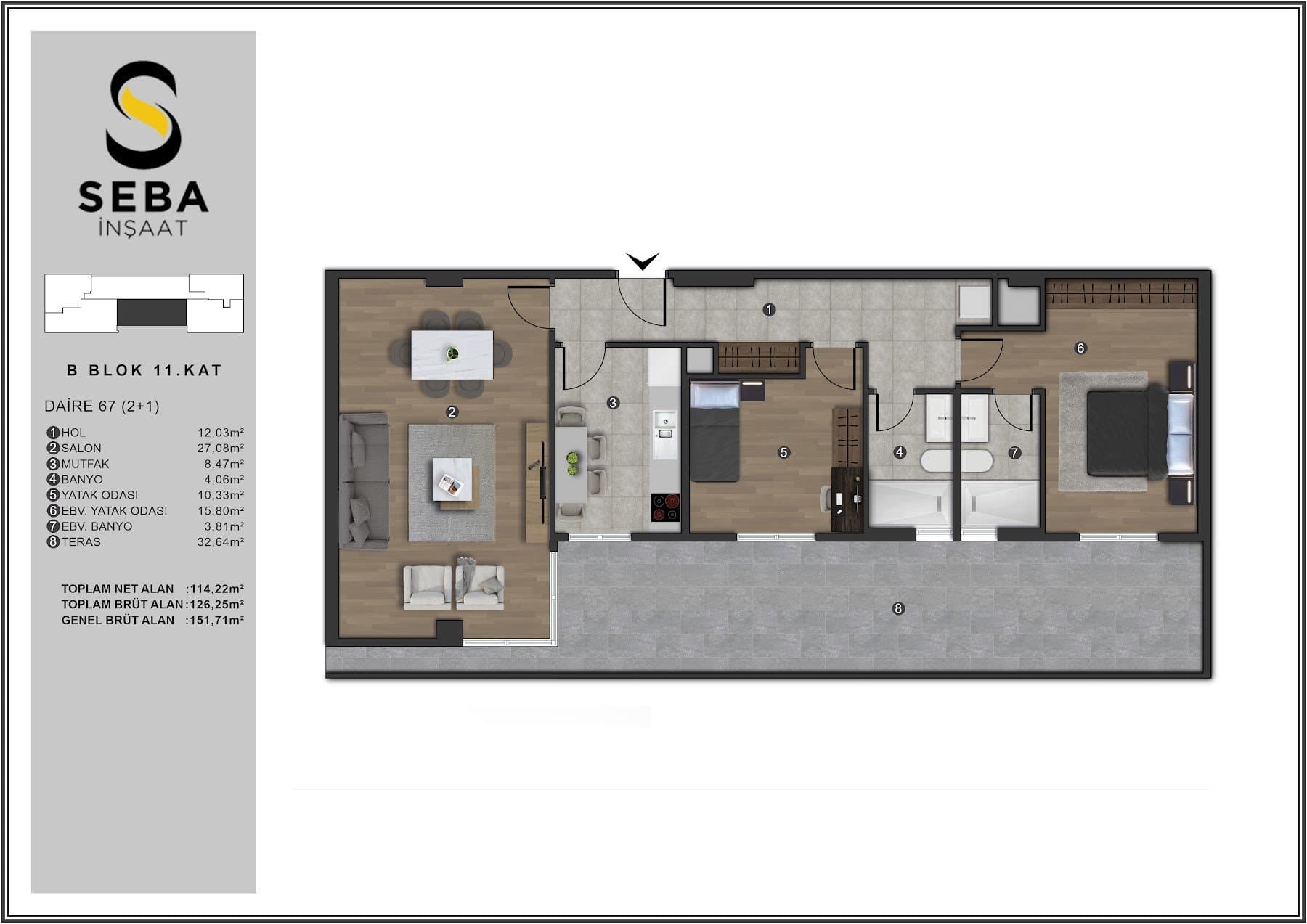 Проект Seba Casa – планировка 2+1 Top Floor Type G