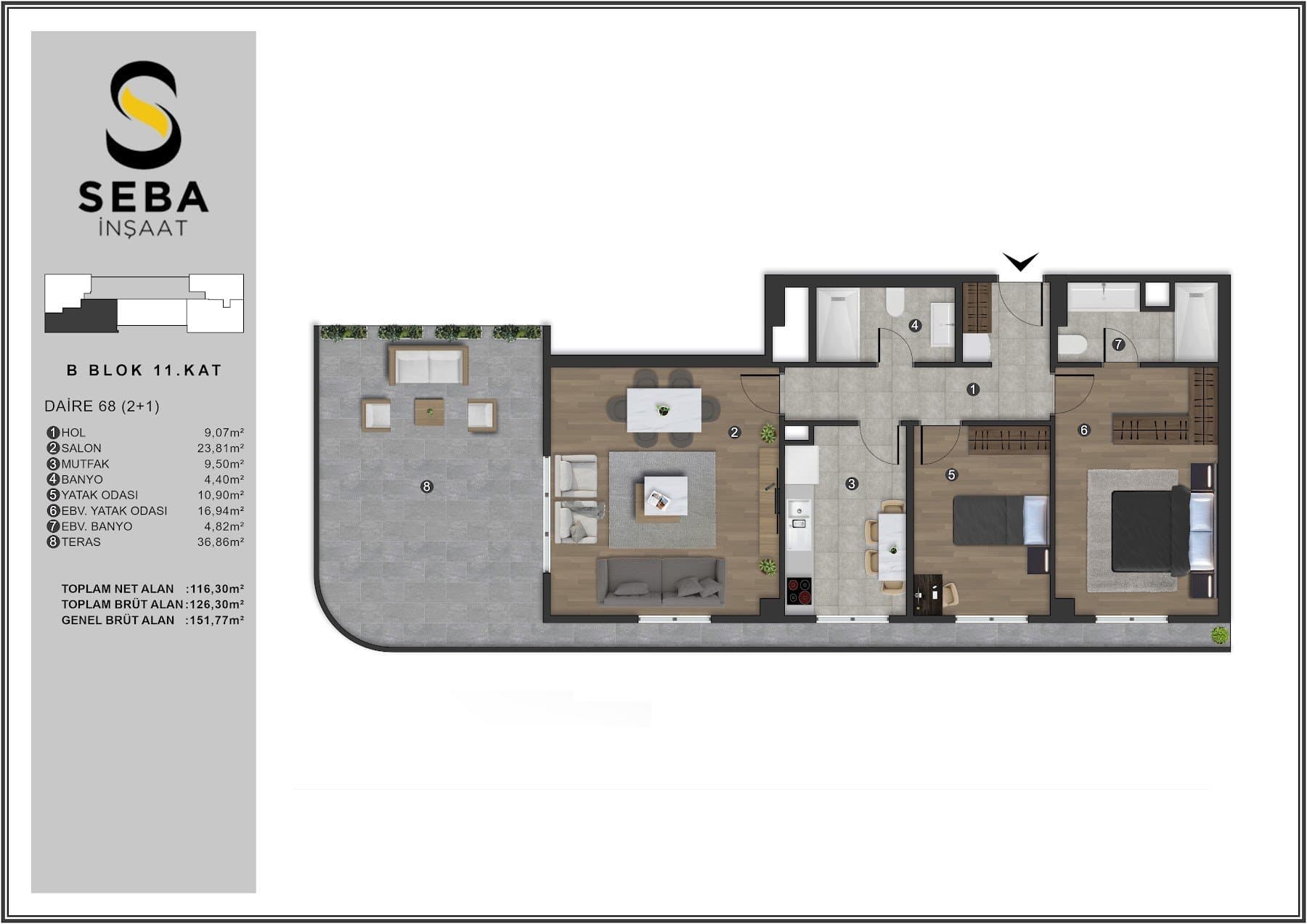 Проект Seba Casa – планировка 2+1 Top Floor Type H
