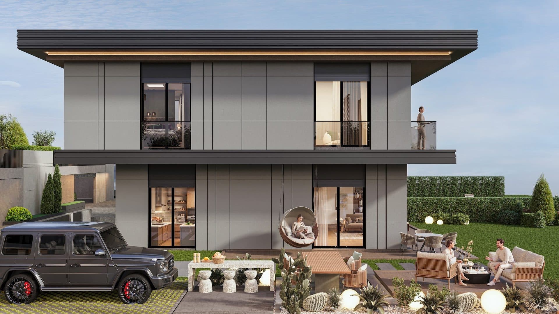 Side facade of a villa with a parked SUV, an outdoor dining table and a lounge area in the garden