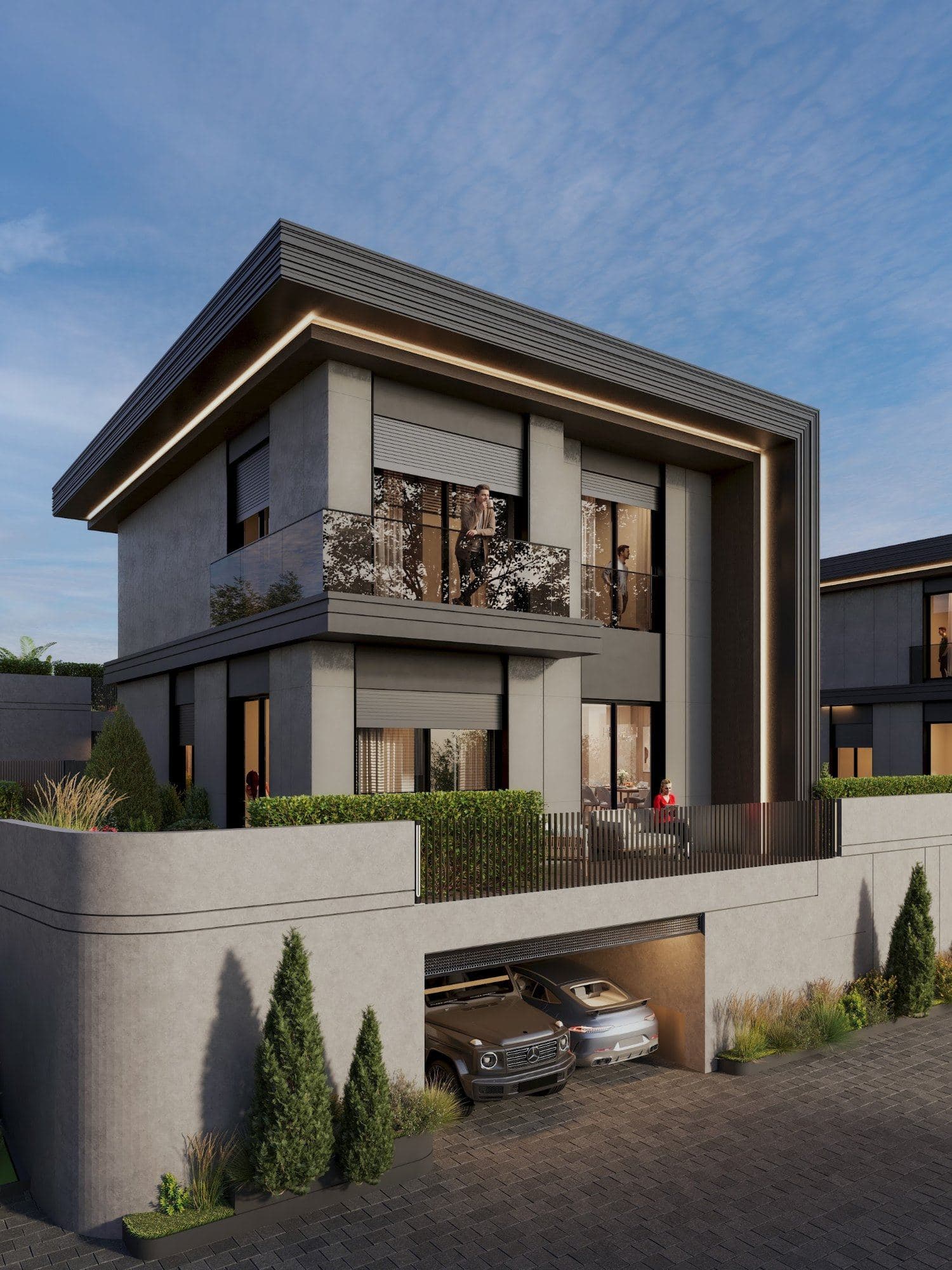 Corner villa with a glass balcony and a garden terrace above a basement garage holding two cars