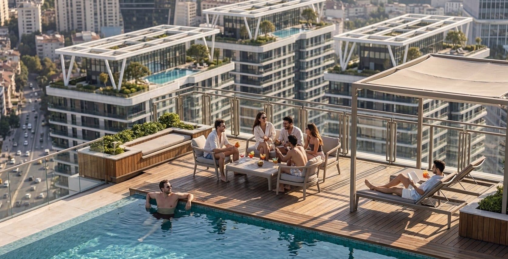 Rooftop pool with a wooden sun deck and seating on top of a tower