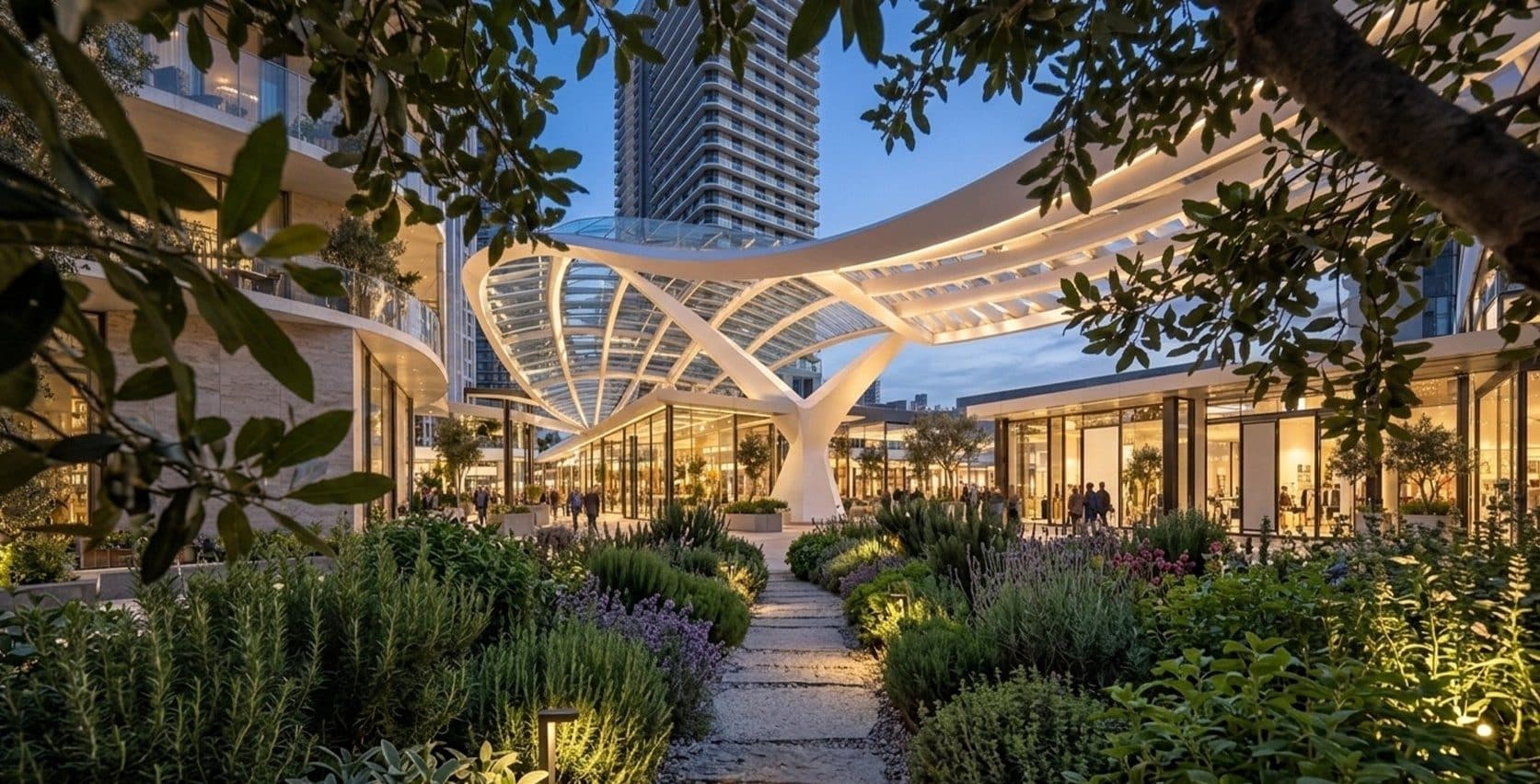 Garden path through planted beds beside the shops and the canopy
