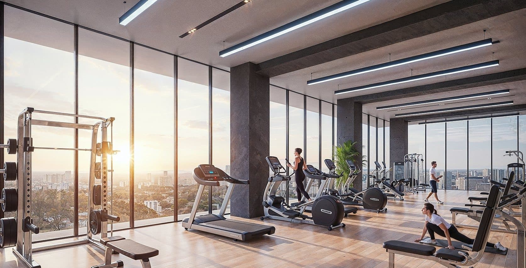 Fitness center with treadmills and weight machines behind floor-to-ceiling windows