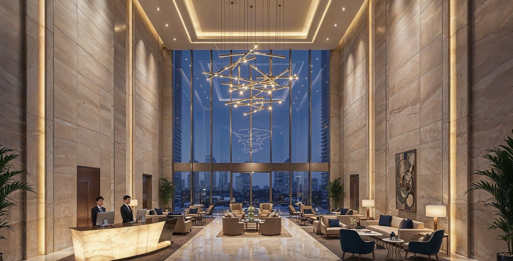 Double-height entrance lobby with a reception desk and seating areas