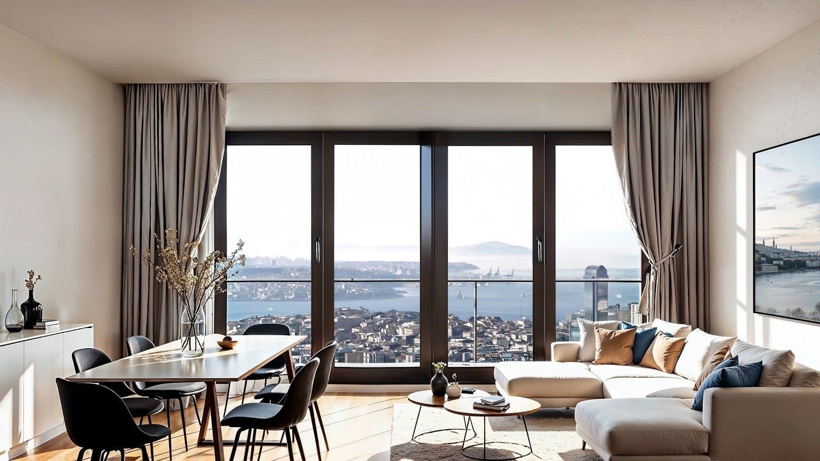 Living and dining room with large windows looking out over the city and the water
