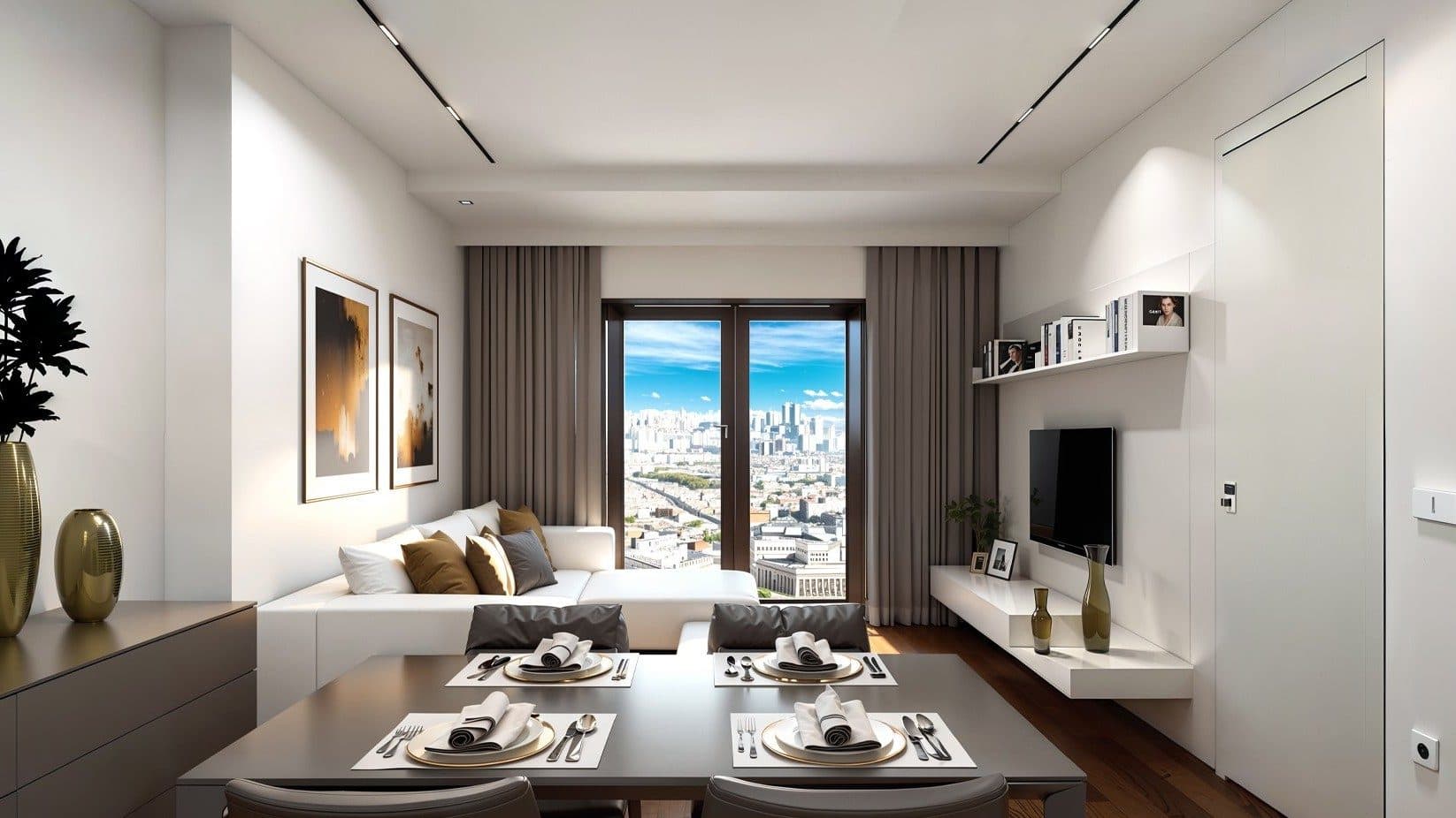 Living and dining area of a 1+1 apartment with a window over the city