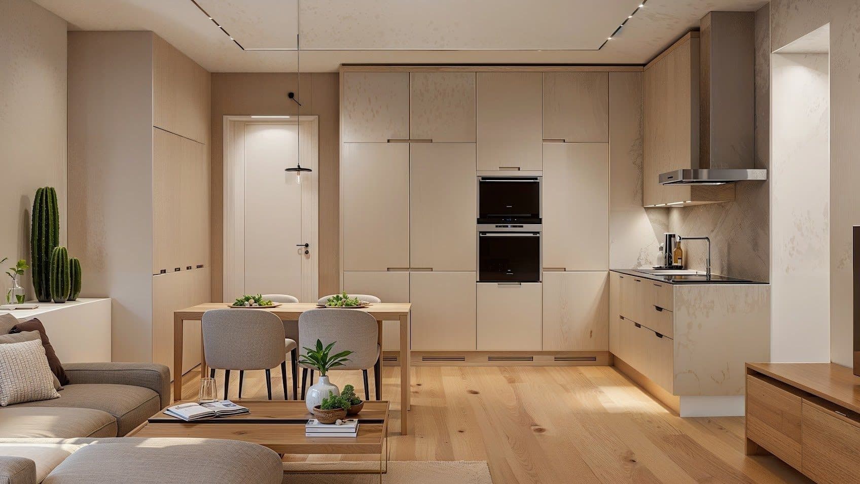 Open-plan living room and kitchen of a 2+1 apartment with light wood floors