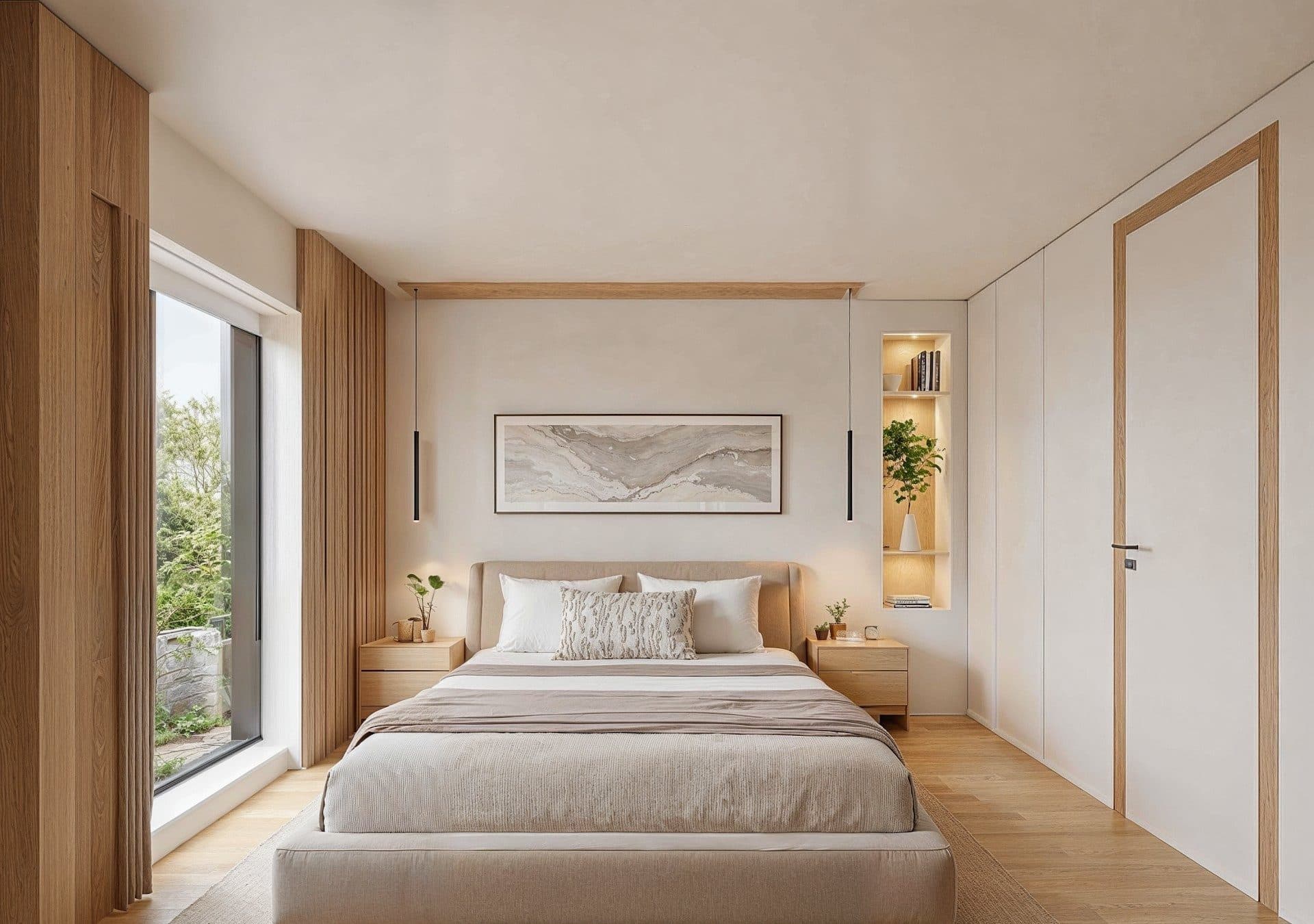 Bedroom with a double bed, built-in wardrobes and a tall window