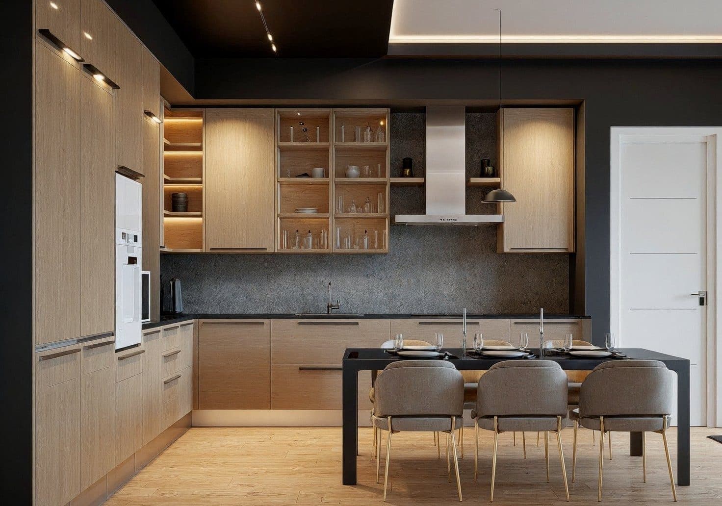 Kitchen of a 3+1 apartment with wood-finish cabinets, open shelving and a dining table