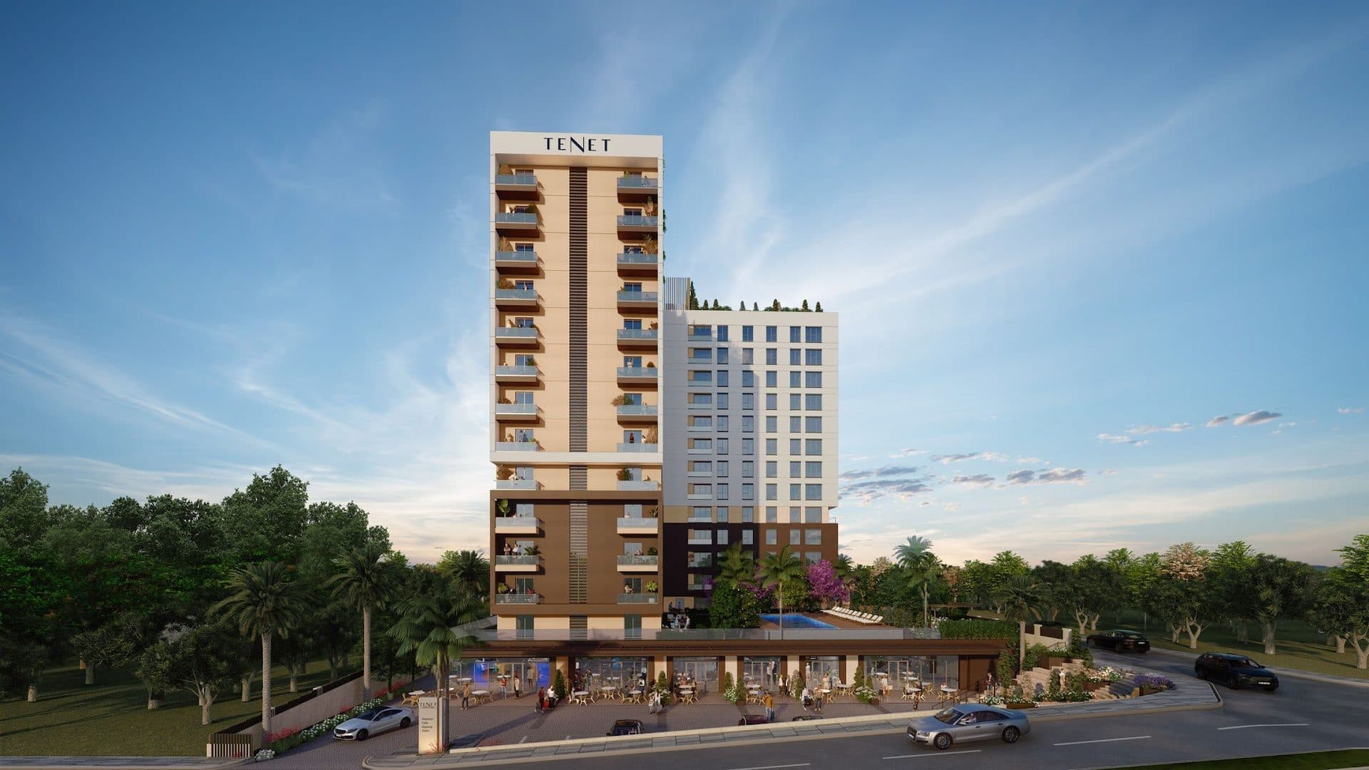 Rendering of the taller wing seen from the street, with balconies up its facade and cafe tables outside the ground-floor shops