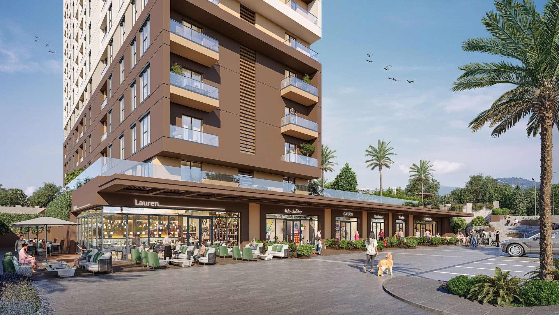 Rendering of the ground-floor shops and a cafe terrace under a projecting canopy, with apartment balconies above