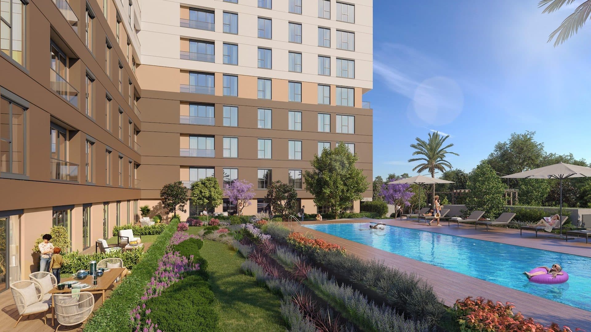 Rendering of the garden terrace with the outdoor pool, sun loungers and the private garden of a terrace-level apartment