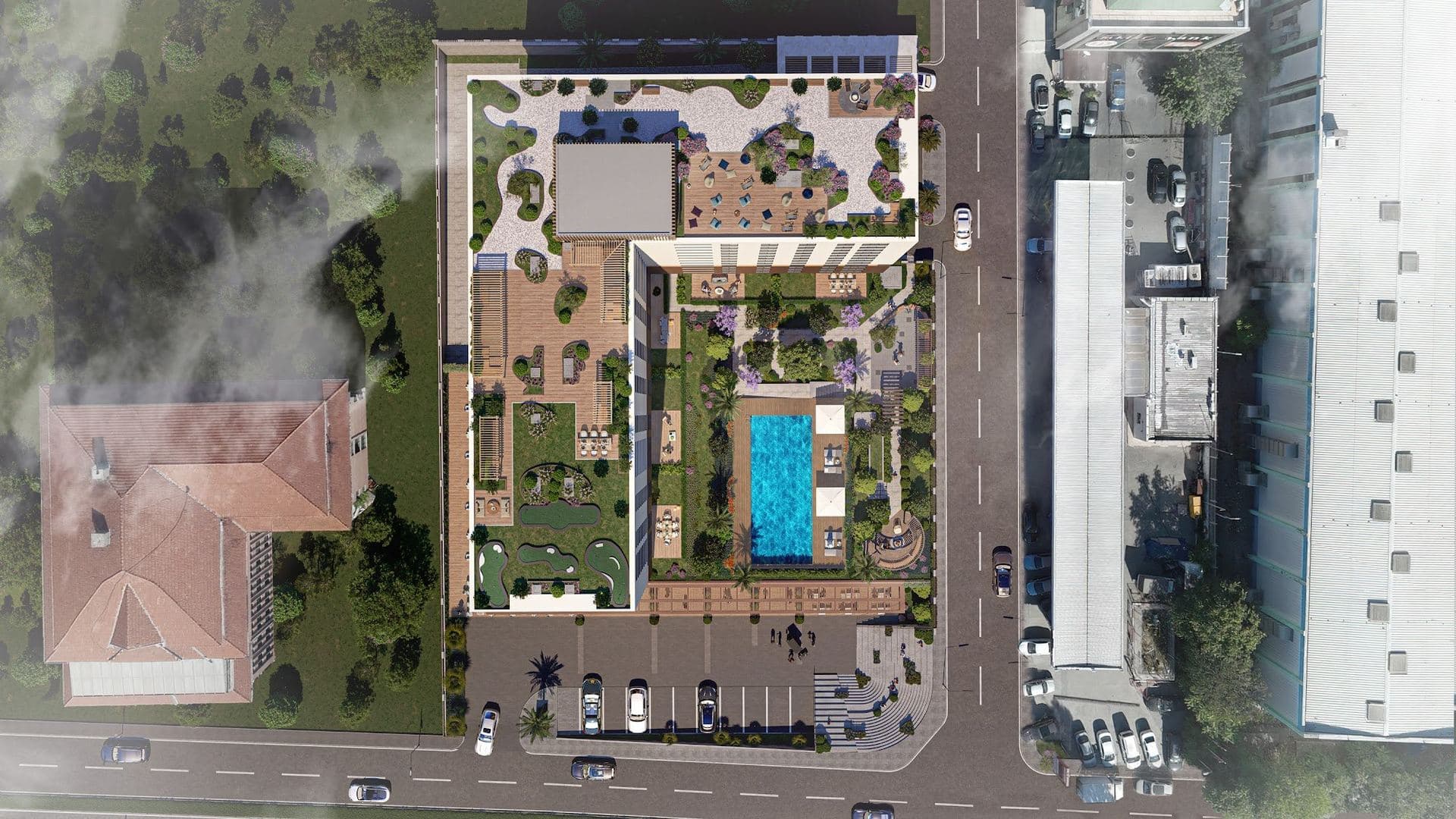Top-down rendering of the site showing the rooftop gardens, the courtyard pool, the mini golf area and parking along the street