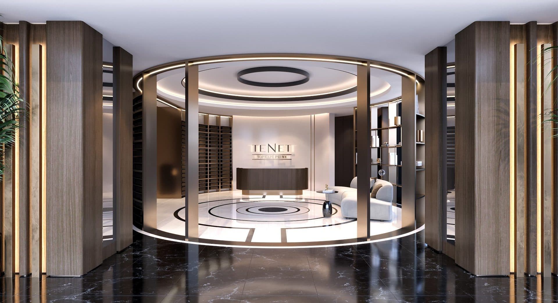 Rendering of the round entrance lobby with a reception desk, a curved sofa and a ring-patterned marble floor