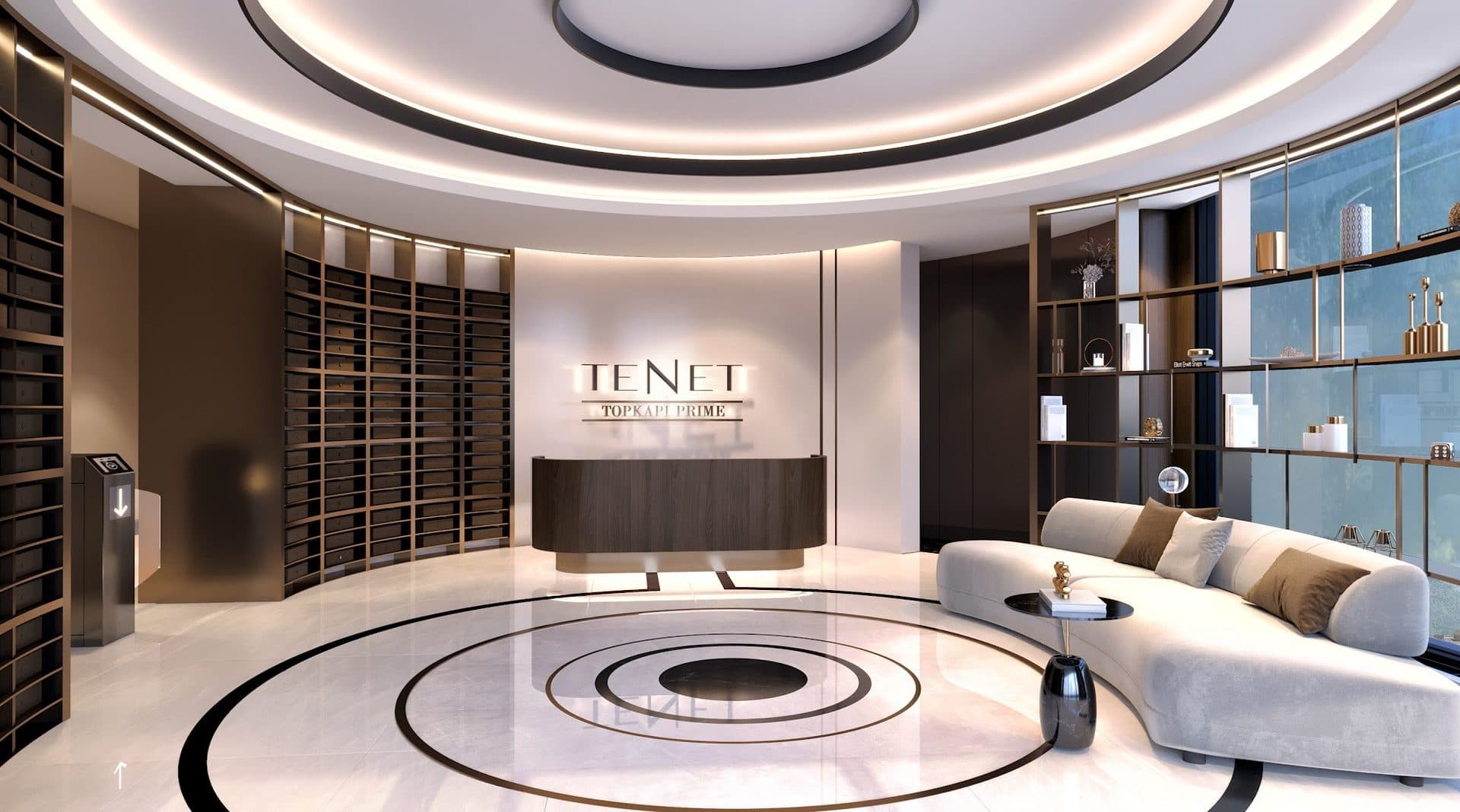 Rendering of the lobby reception area with a white sofa, display shelving and a circular ceiling light