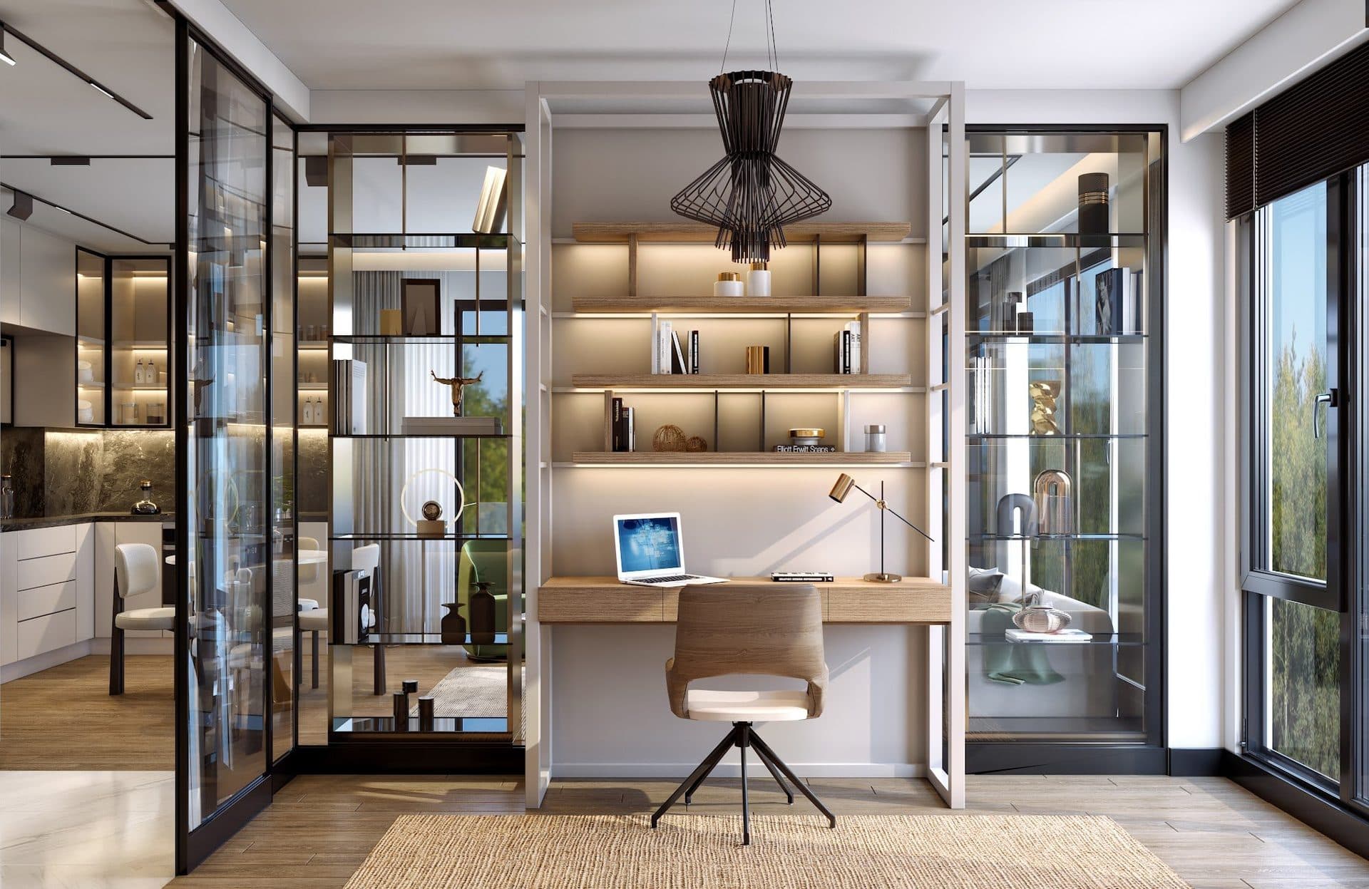 Rendering of the second bedroom of a 2+1 apartment furnished as a study, with a desk set into lit shelving between glass-fronted cabinets