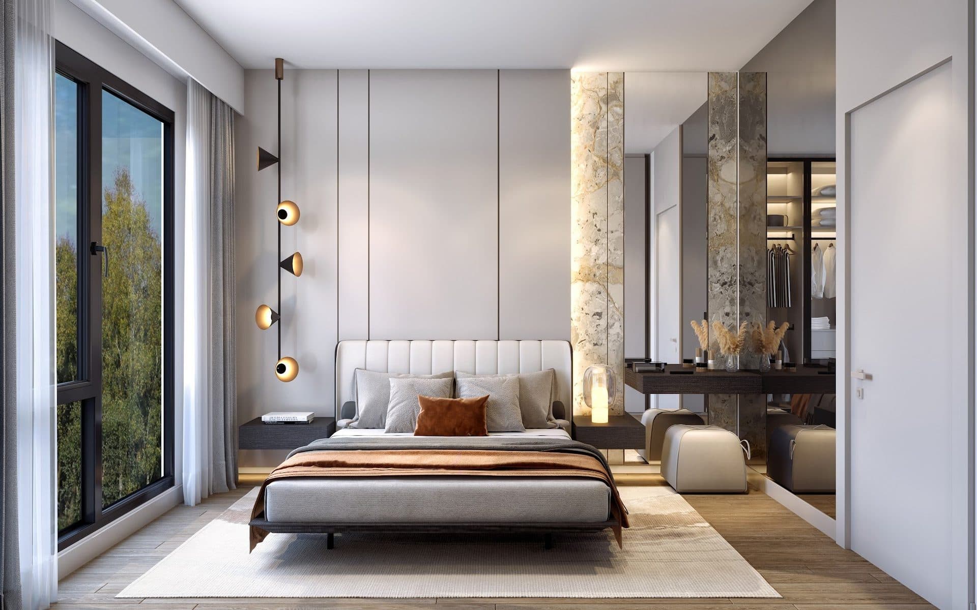 Rendering of a 2+1 bedroom with an upholstered bed, wall lights, a dressing table and a window onto trees