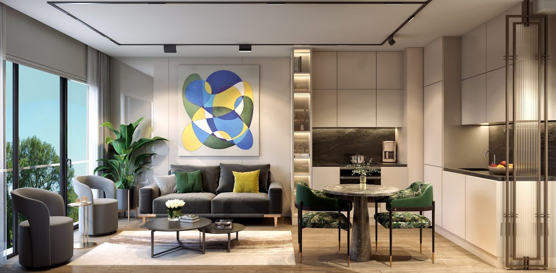 Rendering of a 1+1 open living room and kitchen with a dark sofa, an abstract painting and a round marble dining table
