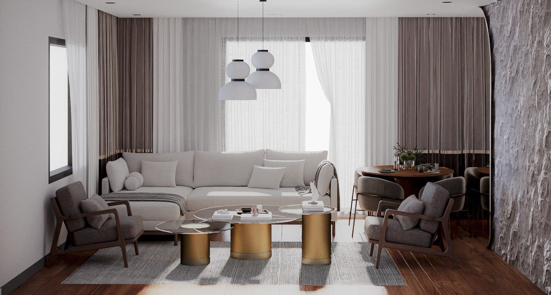 Living room with a corner sofa, armchairs and a round dining table by the window