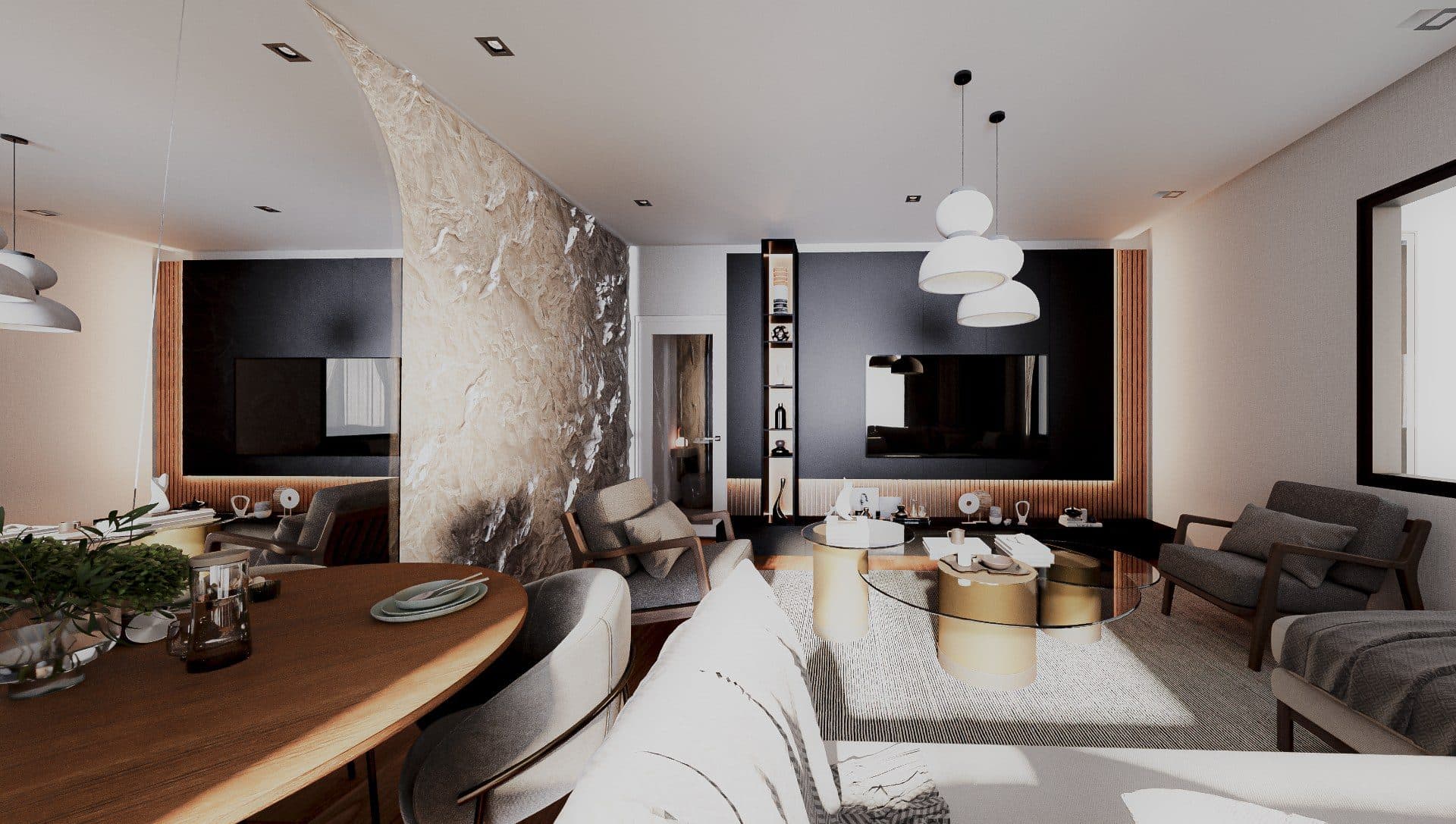 Living and dining area with a TV wall and a textured stone feature wall