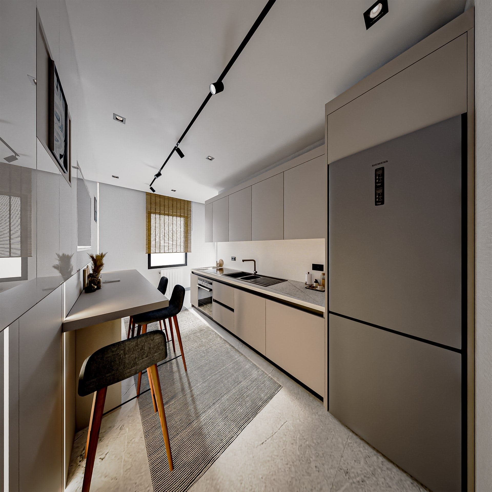 Galley kitchen with built-in cabinets, a tall fridge and a breakfast bar with stools