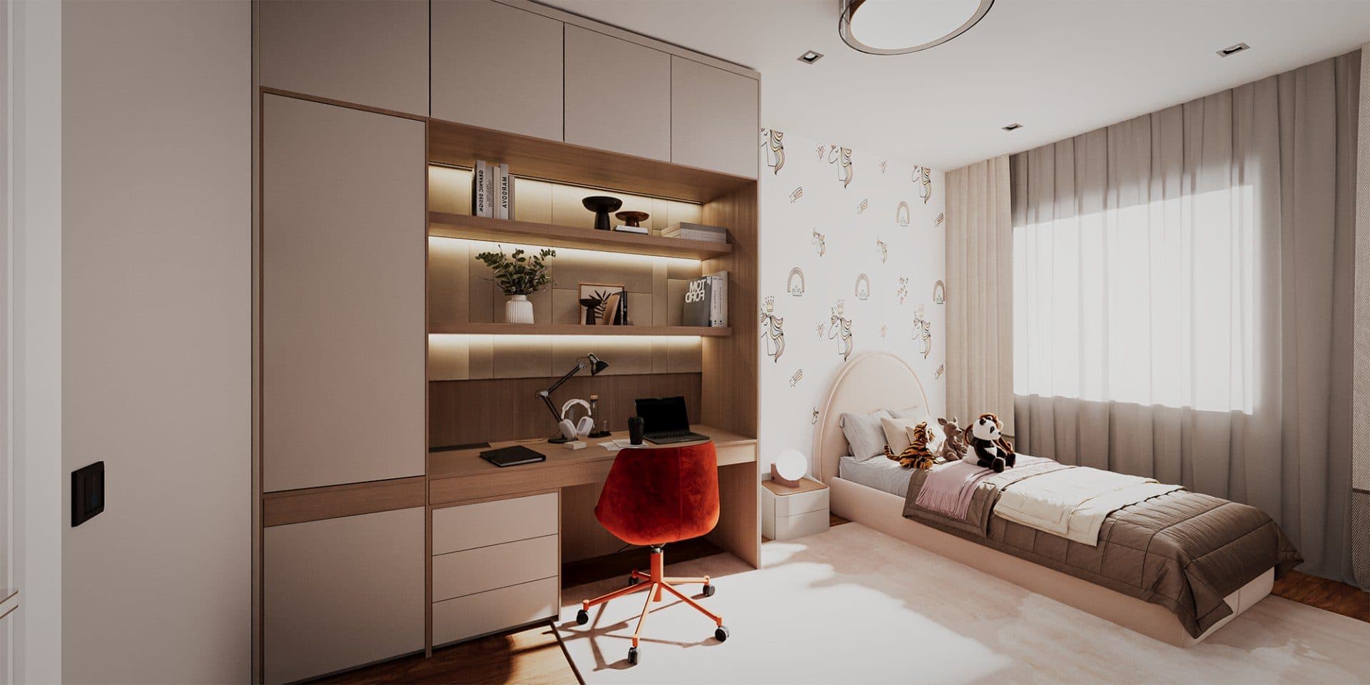 Child's bedroom with a single bed and a built-in desk and shelves