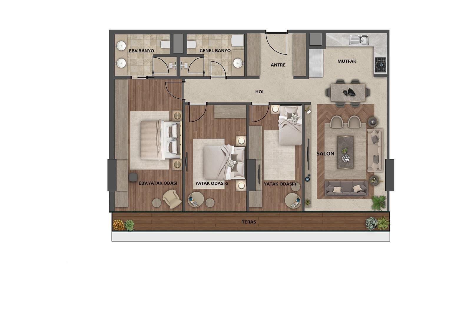 پروژه Yedi Mavi – پلان 3+1 Type C (G Block, open kitchen)