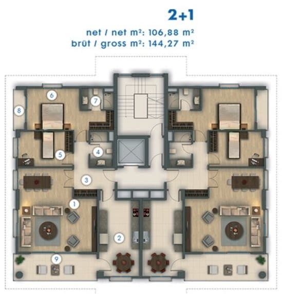 Deniz Istanbul 项目 – 2+1 户型图