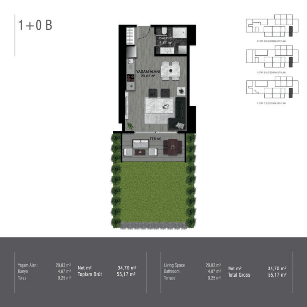 Mina Towers 项目 – 1+0 户型图