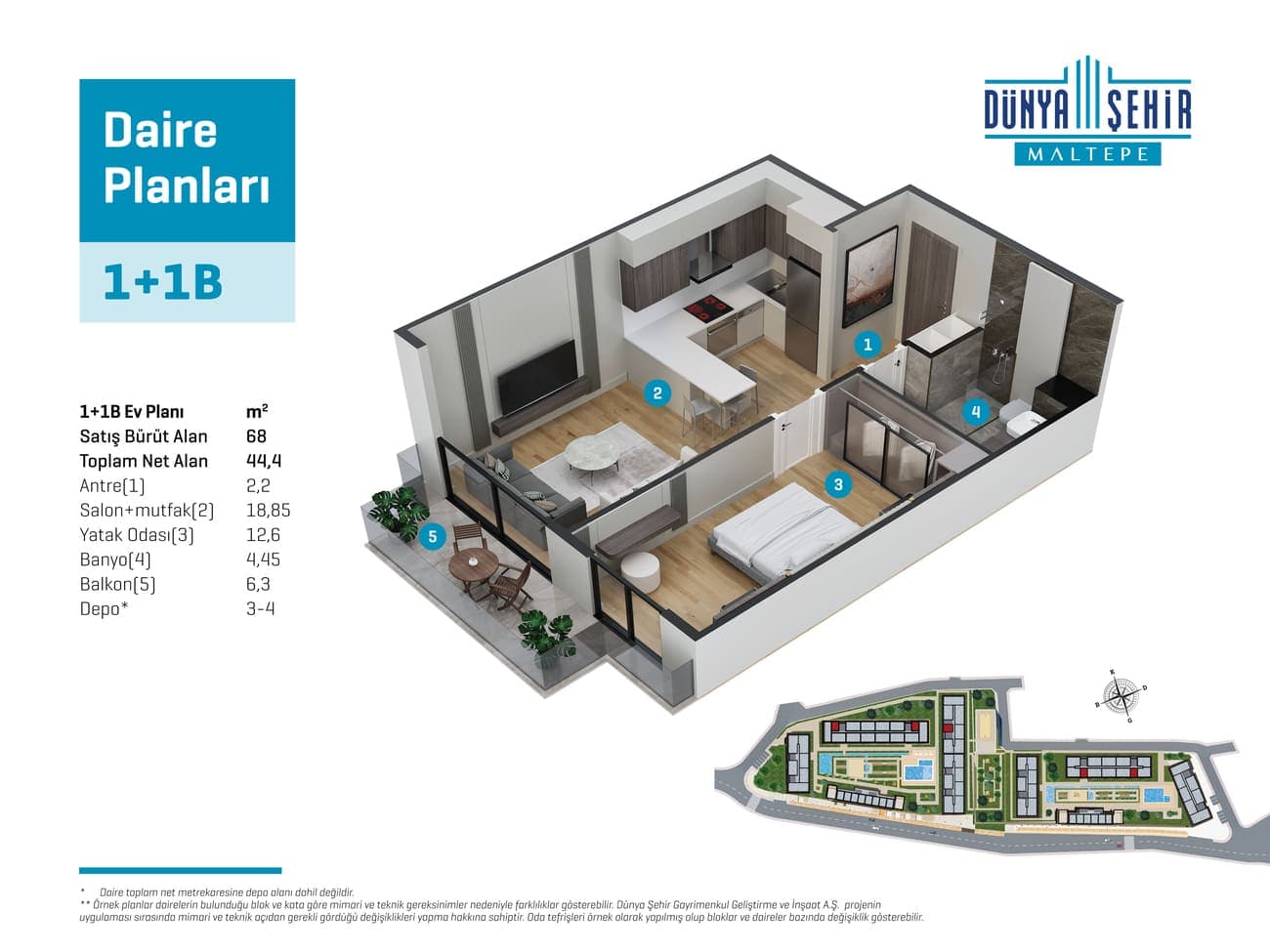 Dunya Sehir Maltepe 项目 – 1+1 户型图
