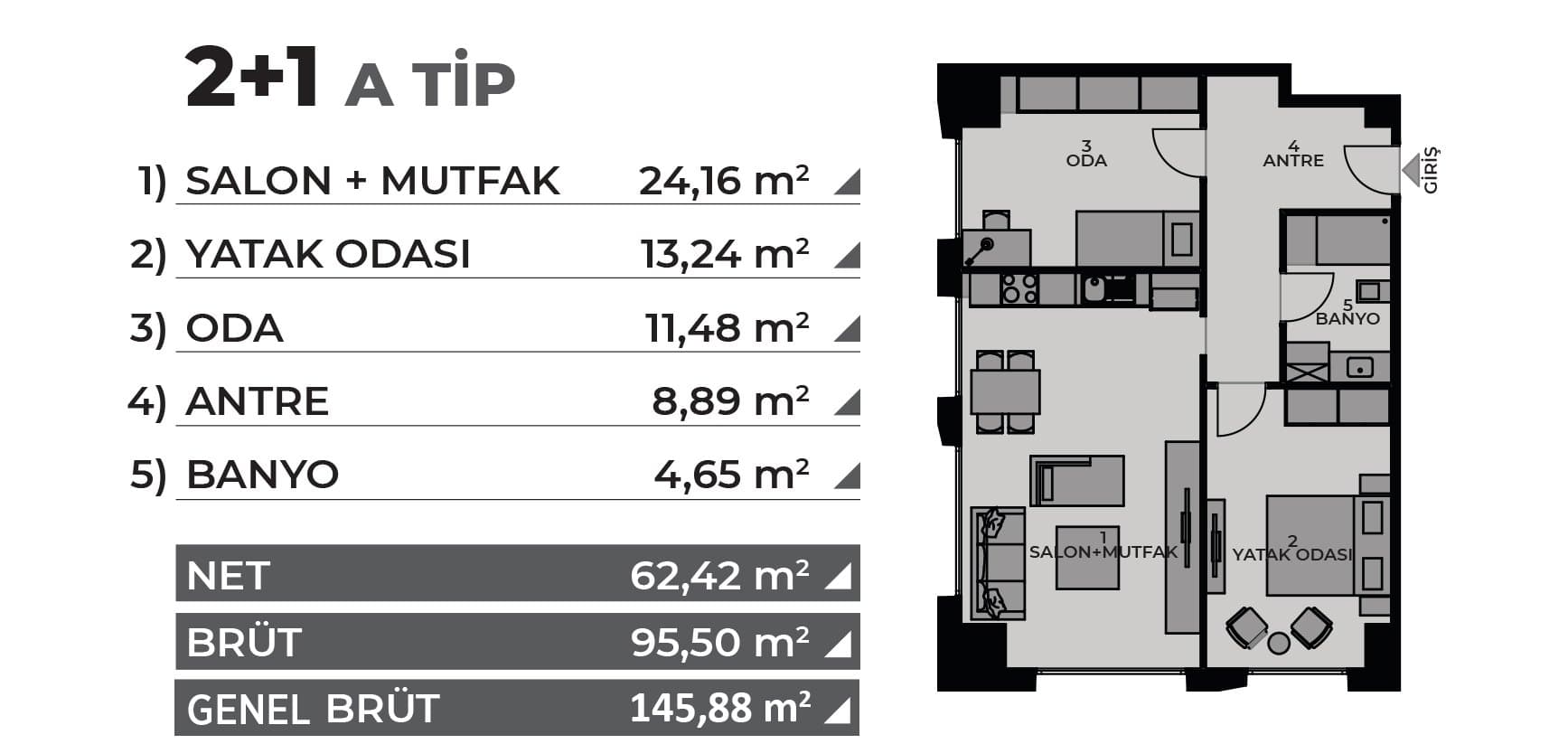 Evinpark Kadikoy 项目 – 2+1 户型图