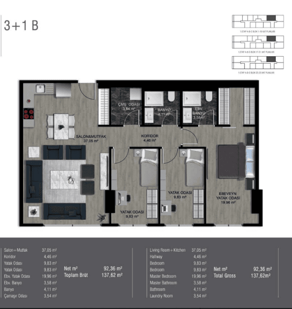 Mina Towers 项目 – 3+1 户型图